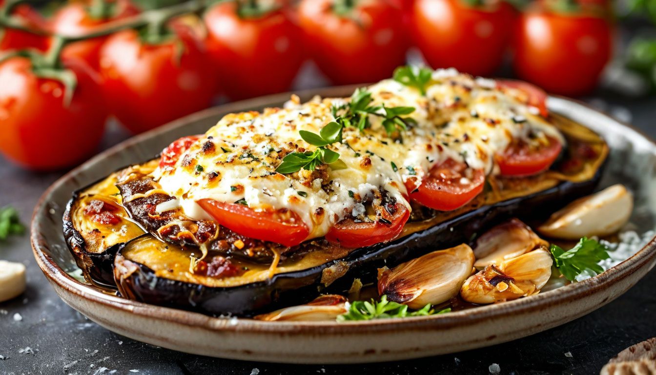 Баклажаны, запечённые с помидорами и сыром