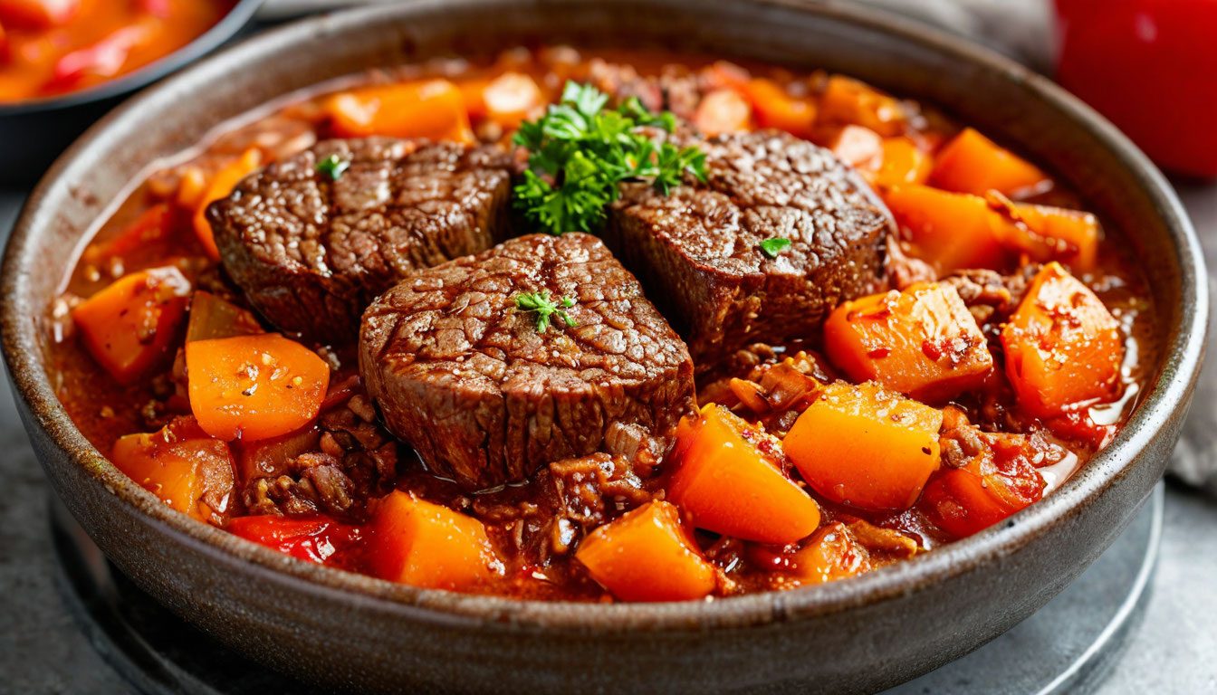 Говядина, тушенная с овощами