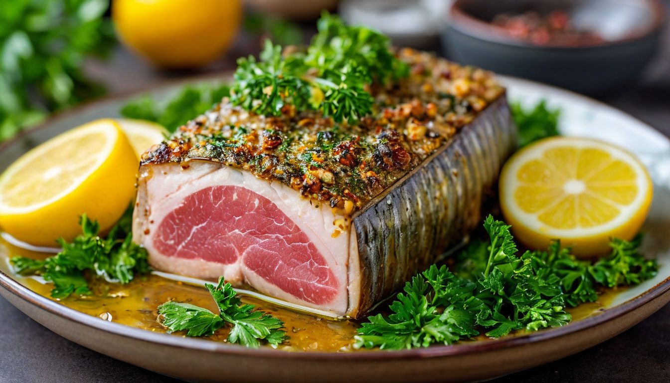 Тунец, запечённый с лимоном и зеленью